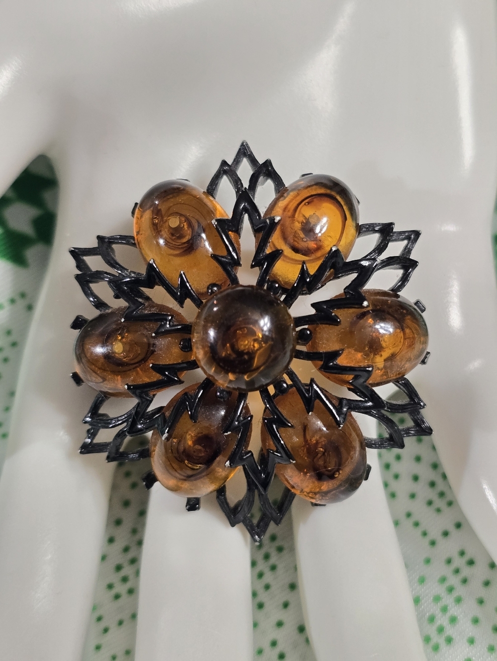 Vintage Lisner Amber Cabochon Floral Domed Japanned Metal Brooch